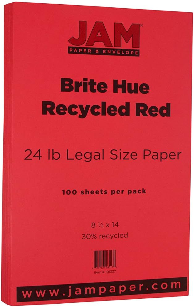 JAM PAPER Legal Colored 24lb Paper - 90 gsm - 8.5 x 14 - Red Recycled - 100 Sheets/Pack