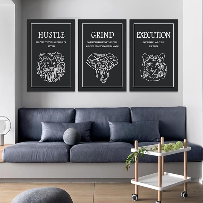 Set of 3 Motivational Wall Art - Black and White Hustle Grind Execution Canvas Prints with Lion/Elephant/Tiger Line Art, Inspirational Quote Wall Decor for Office Gym Home, Framed 24"x36"x3