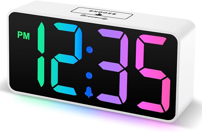 DreamSky Small Digital Alarm Clock for Bederoom, RGB Large Big Numbers Display with Dimmer for Living Room, Electric Bedside Desk Clock with USB Charging Port, Adjustable Volume, USB-C Adapter Powered