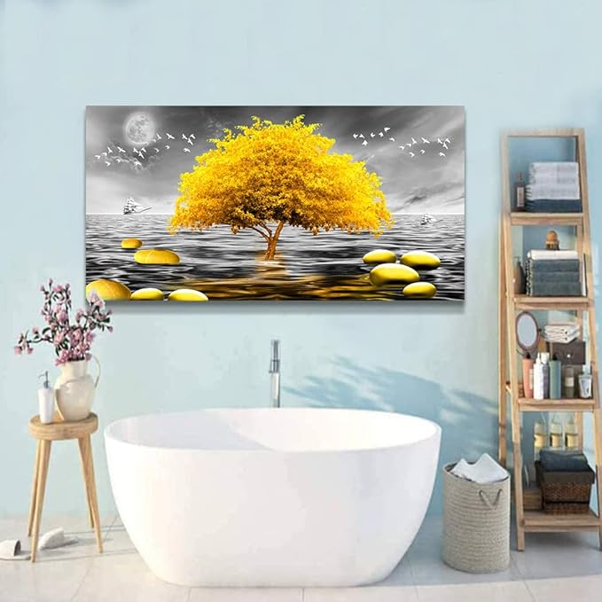 Wapluam Wall Decor - Large Canvas Wall Art for Living Room, Office, Modern Bedroom - Black and White View - Yellow Tree Pictures - 48x24in
