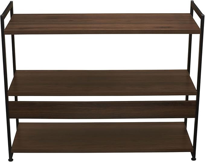Household Essentials Jamestown Wide 3 Shelf Open Storage Bookshelf Mid Century Walnut Wood Grain and Black Metal