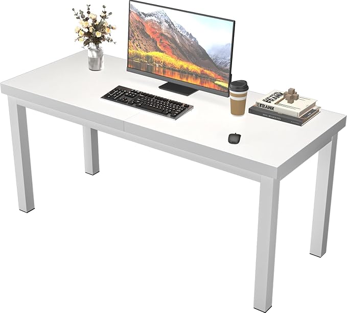 Modern 47 Inch Wood Computer Desk with Thick Desktop - Gaming, Writing Table for Home Office, Study, Work, Student & School Use, Simple Style, White