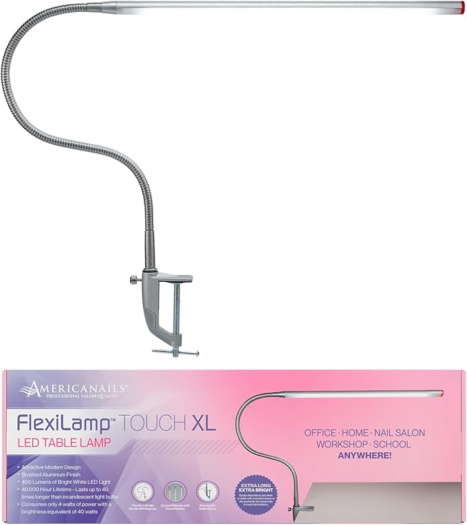 Americanails FlexiLamp Touch XL - LED Table Desk Lamp - Removable Clamp - Adjustable Lighting for Nail Stations - Manicure Table Light - Flexible Arm – 3 Brightness Levels - Touch Sensor - 400 Lumens
