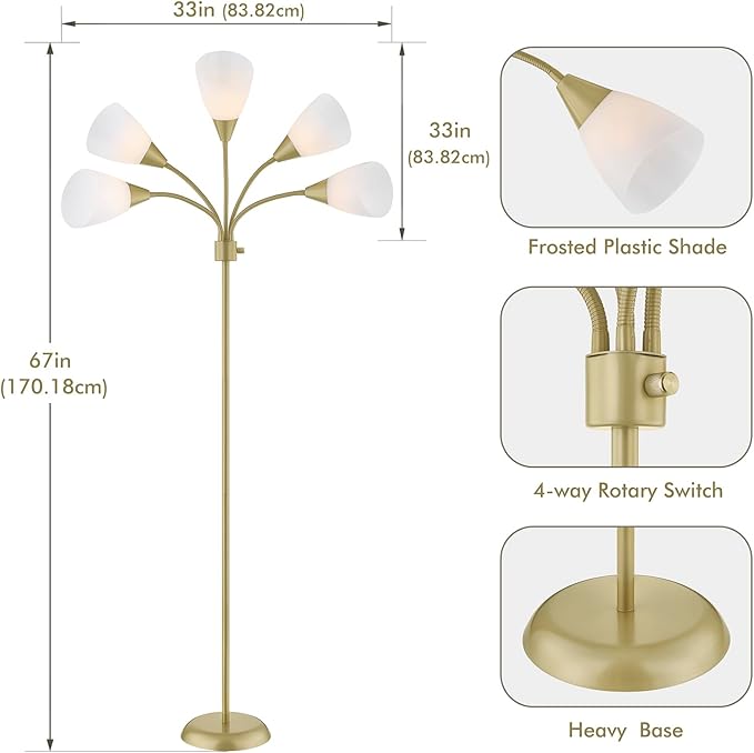 Medusa Modern Decor Floor Lamp, Multi Head Adjustable Gooseneck Bright Light Lamps for Reading, White Shades Tall Standing Tree Floor Lamps for Living Room Bedroom Office Kids Classroom, Gold