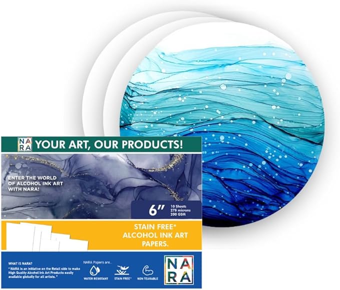 NARA Alcohol Ink Paper | White | 6" Diameter Circle | 275 microns/200 GSM | 10 Sheets | Medium Paper | Paper for Alcohol Ink Art Painting | 100% Stain-Free