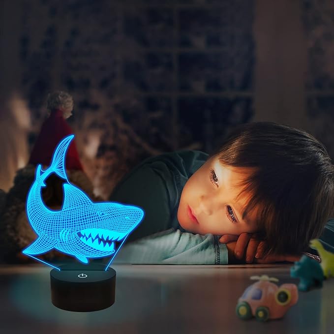 FULLOSUN Shark 3D Illusion Night Light Animal Touch Table Desk Lamp, with Remote Control 16 Colors Optical USB LED Nightlight for Kids Holiday Gift Room Decoration