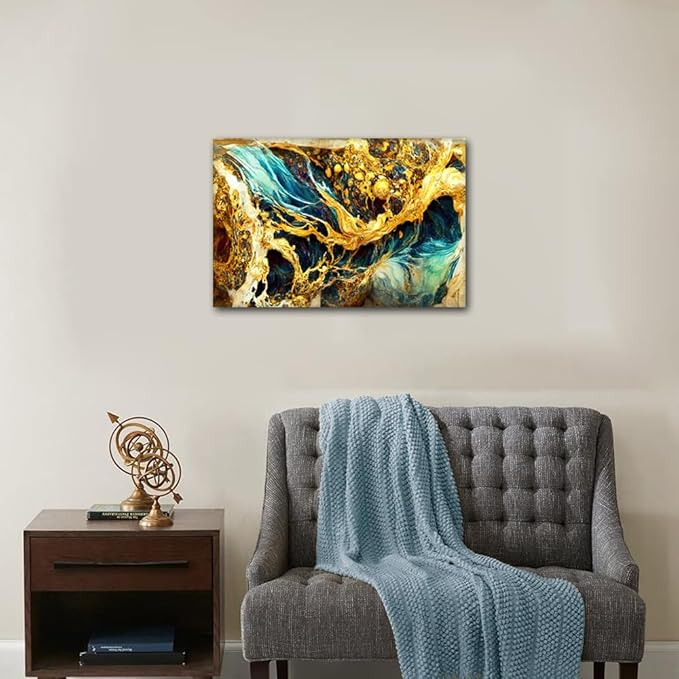 1 Panel Canvas Wall Art for Living Room Abstract Marble Art Poster Minimalist Style Enthusiasts Home Wall Decor Seawater and Flames Painting Picture for Modern Room Wall Decor Framed to Hang 24x16 in