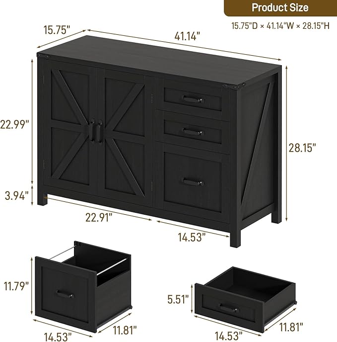 Farmhouse File Cabinet with Doors, Lateral Filing Cabinet with 3 Drawers for Letter/A4 Size Hanging Files, Large Wooden Storage Cabinet with Adjustable Shelves for Home Office, Black