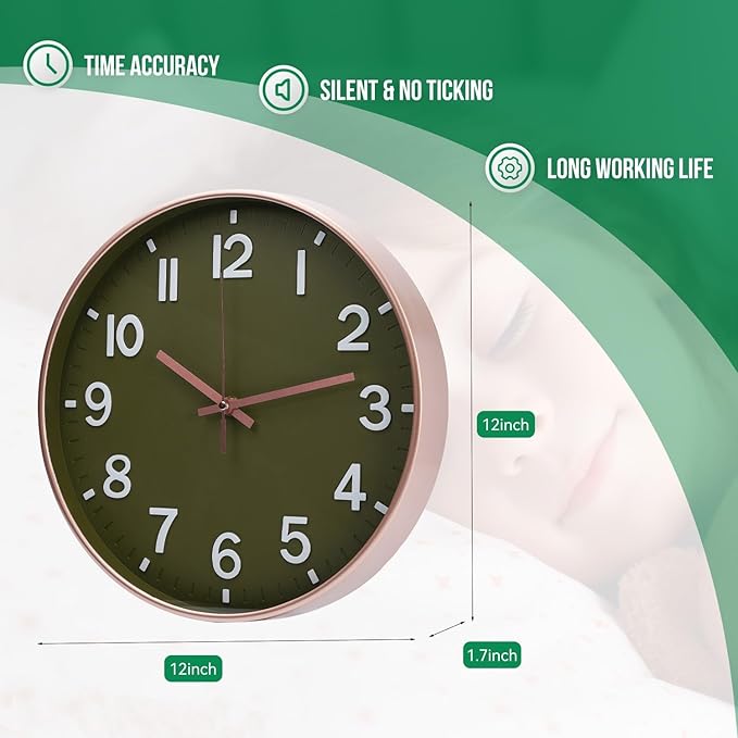 Wall Clock 12Inch Olive Green Modern Simple Quartz Decorative Clock Non-Ticking Silent Battery Operated Round Wall Clocks Trendy and Practical Best Gift for Living Room Bedroom Kitchen Office