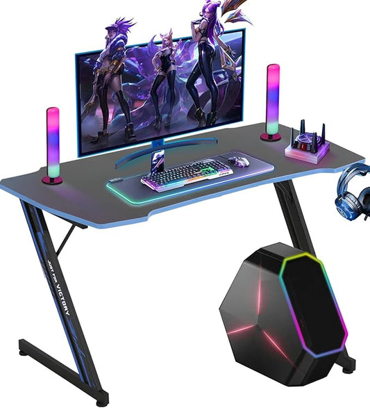 39 in Gaming Desk With Hook - Z-Shaped Computer Table for Home Office, Small Places - Carbon Fiber Surface, Simple Installation, Blue
