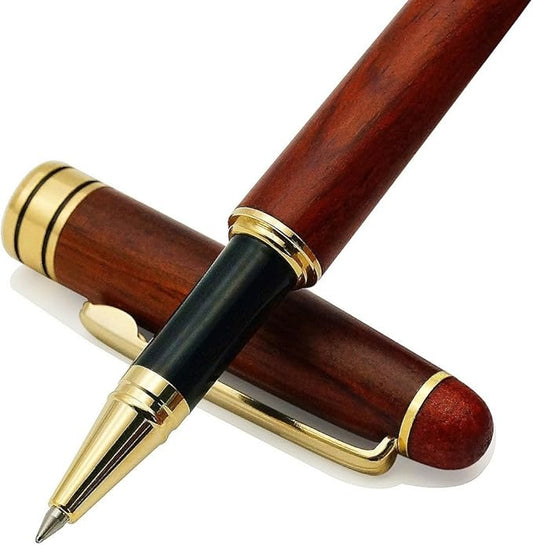 Luxury Rosewood Ballpoint Pen Writing Set - Extra 2 Black Refills - Elegant Fancy Nice Gift Wood Pen Set for Signature Executive Business Journaling