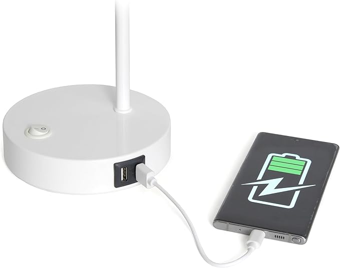 Simple Designs LD1073-WHT 16" Sleek Essentials Metal Looped Desk Task Lamp with Adjustable Shade and Dual USB Ports, for Office, Desk, Nightstand, White
