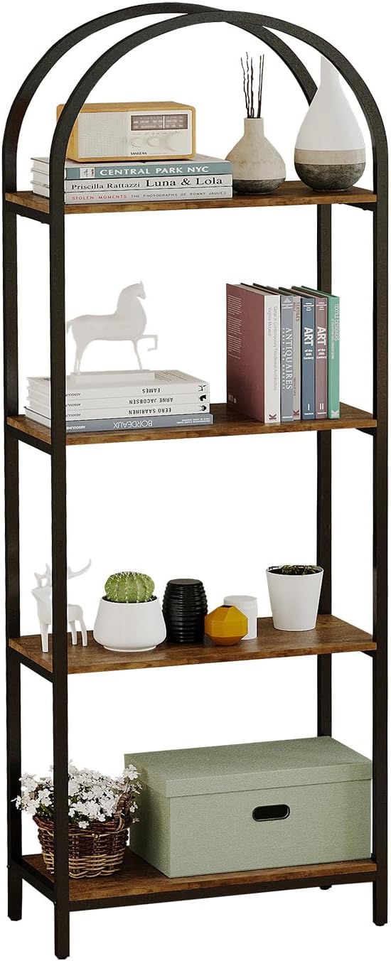Bookshelf Arched Bookcase, Industrial 4-Tier Open Book Shelves with Metal Frame, 72" Tall Freestanding Storage Display Rack for Home Office, Living Room (Rustic Brown, 4 Tier Arched)