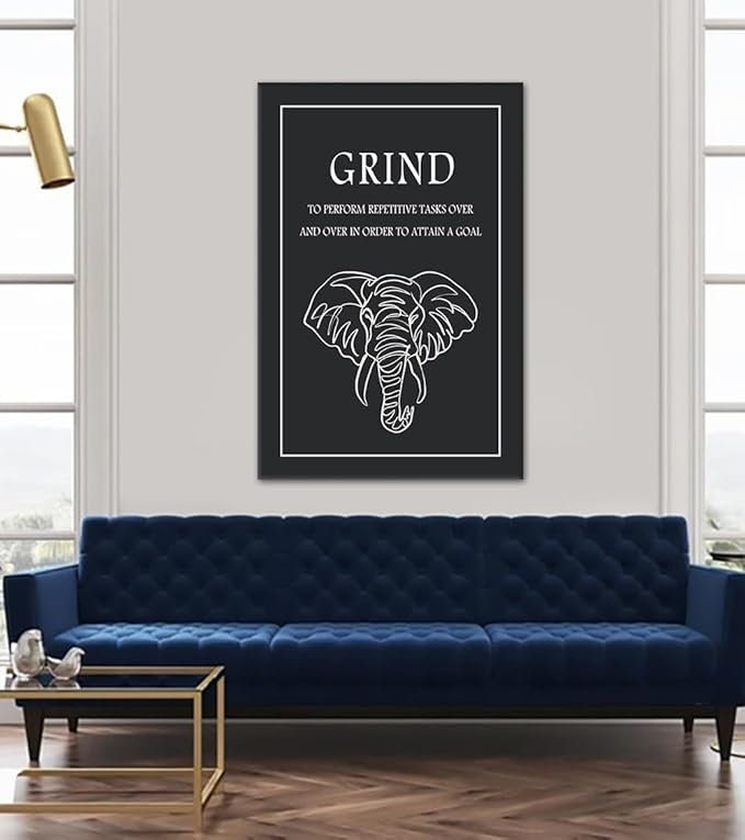 Grind Inspirational Wall Art - Black and White Elephant Head Canvas Print with Encouraging Quote, Success Painting Motivational Quotes Wall Decor for Office Home Gym Living Room, Framed 28"x44"