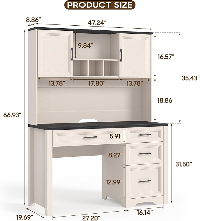 Farmhouse Executive Desk with 4 Drawers and Storage Cabinet, Rustic Large Home Writing Desk with Hutch, Workstation for Bedroom, Black.