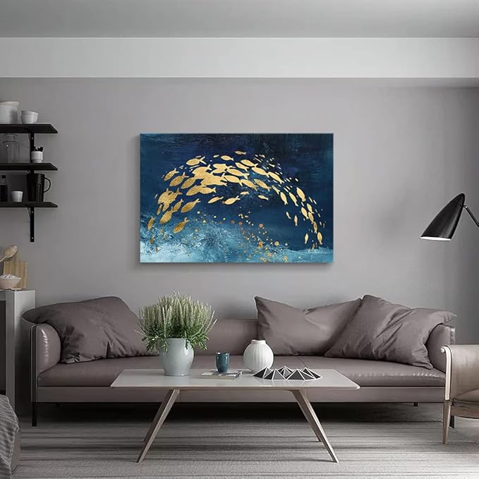 Wall Art Canvas Abstract Ocean Art Paintings Golden Fish Dancing in Blue Sea Modern Artwork Decor for Living Room Bedroom Kitchen 48x32in
