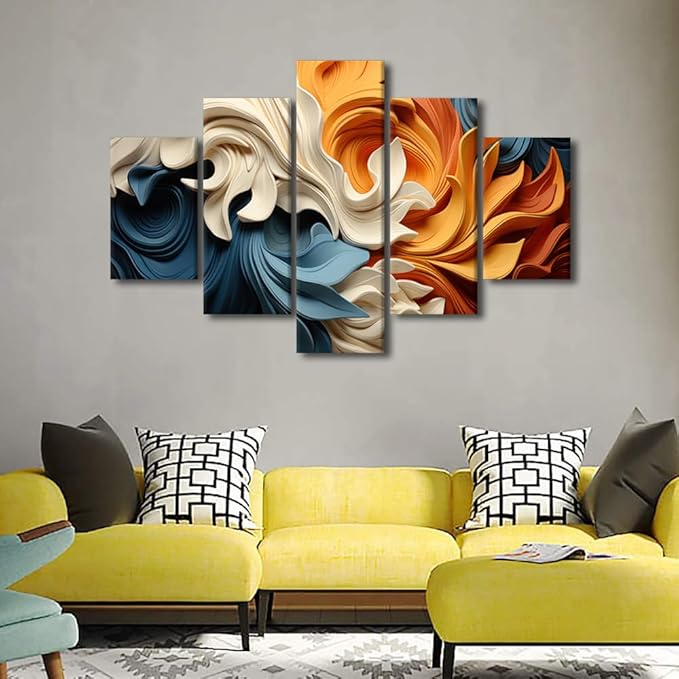 Rebotipy Abstract Canvas Wall Art Decor Modern Abstract Waves Wall Art Blue Orange Yellow Brown 5 Panel Home Wall Art for Living Room Office Wall Decor Framed Ready to Hang 60x40 in