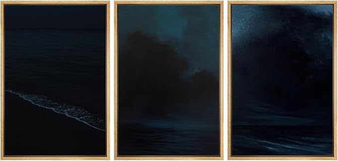 SIGNFORD Framed Wall Art Print Set Midnight Ocean Waves Dramatic Dark Seascape Digital Art Modern Art Contemporary for Living Room, Bedroom, Office - 16"x24"x3 Natural