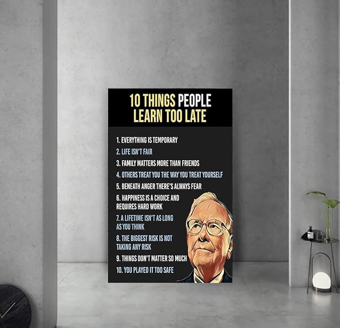 Warren Buffett Quotes Ten Things People Learn Too Late Motivational Office Wall Art Poster and Print Inspirational Home Wall Decoration Pictures Framed 28" Wx44 H