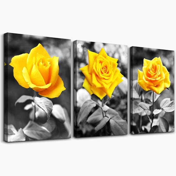 Canvas Wall Art For Bedroom Living Room Wall Decor For Kitchen Office Wall Pictures Artwork Black And White Yellow Rose Flowers Paintings 20" X 28" 3 Pieces Framed Modern Bathroom Home Decor