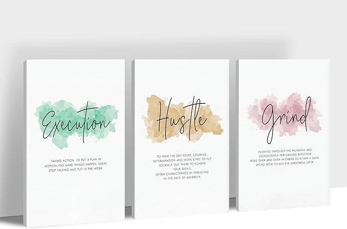 SHMAO Office Canvas Wall Art Motivational Wall Decor, 3 Piece Execution Hustle Grind Print Pictures for Office Wall Decor Women Inspirational Framed Artwork Home Office Decor 12”x18”x3 Panels