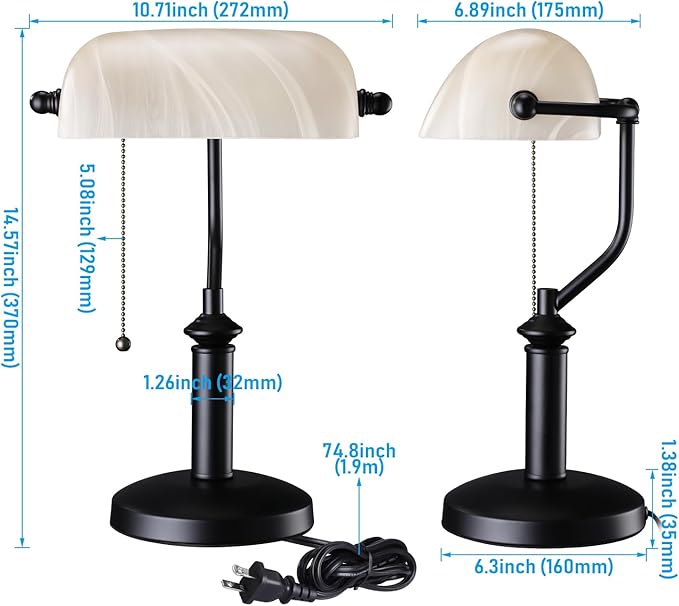 TORCHSTAR Pale Yellow Glass Bankers Desk Lamp, Antique Desk Lamps with Uniquely Textured, Traditional Library Lamp with Pull Chain, E26 Base, Desk Lamp for Office, Study Room