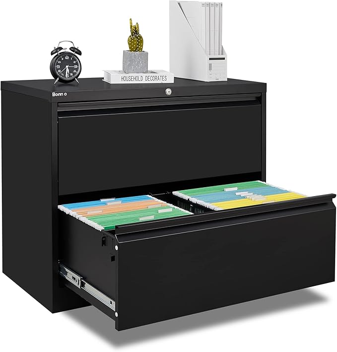 Bonnlo 35.5" Wide 2 Drawer File Cabinet with Lock, Black File Cabinets for Home Office, Metal Lateral File Cabinet & Printer Stand with Minimalist Design for Letter/Legal Size File Folders with Tabs