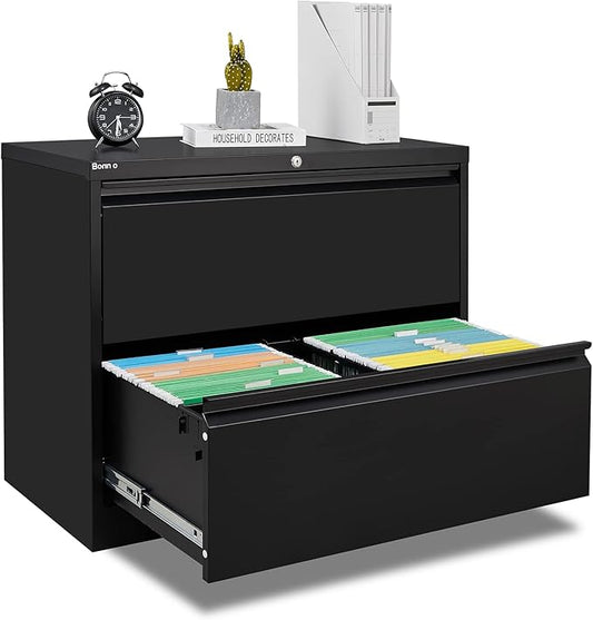 Bonnlo 35.5" Wide 2 Drawer File Cabinet with Lock, Black File Cabinets for Home Office, Metal Lateral File Cabinet & Printer Stand with Minimalist Design for Letter/Legal Size File Folders with Tabs