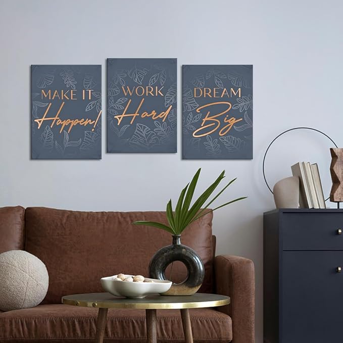 Inspirational Wall Art for Office - 3 Piece Dream Big Work Hard Make It Happen Motivational Posters Positive Quotes Wall Decor Entrepreneur Pictures Framed Canvas Print for Workplace Home, 12"x16"x3
