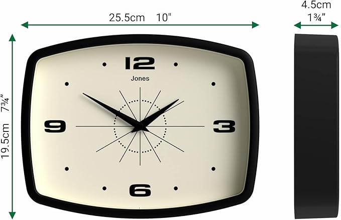 JONES CLOCKS® Movie wall Clock | Retro Rectangular Clock | 10 inch | Black | Cool mid-Century Designer Look for Kitchen, Living Room or Office