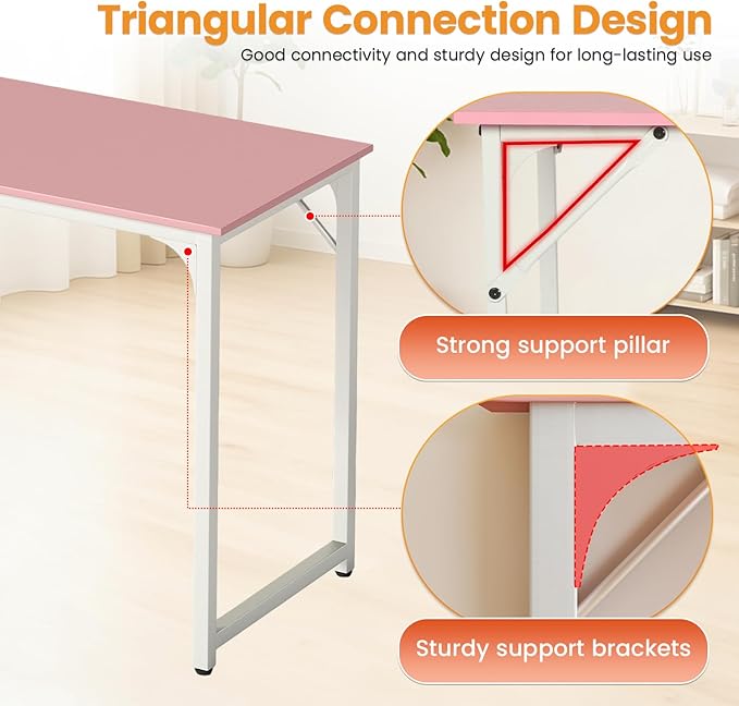 Dkelincs 47 Inch Computer Desk Home Office Desk Gaming Writing Desk Modern Simple Style Study Work Table with Metal Frame, Large Legroom, Adjustable Feet, Water-Resistant, Scratchproof Surface, Pink
