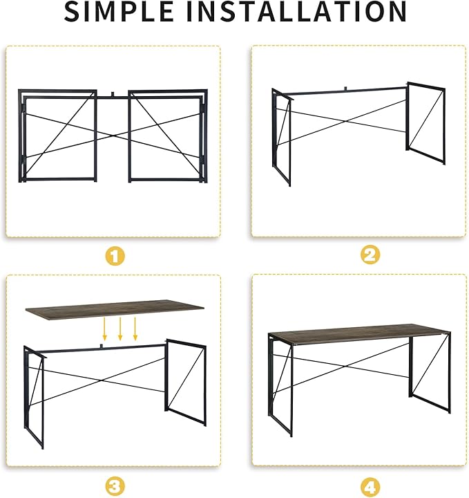 Homy Casa 55.1 Inch Foldable Laptop Desk, Space-Saving Computer Table with No Assembly Required, Sturdy Metal Frame, Minimalist Design for Home Office, Study, or Small Spaces, Vintage Brown
