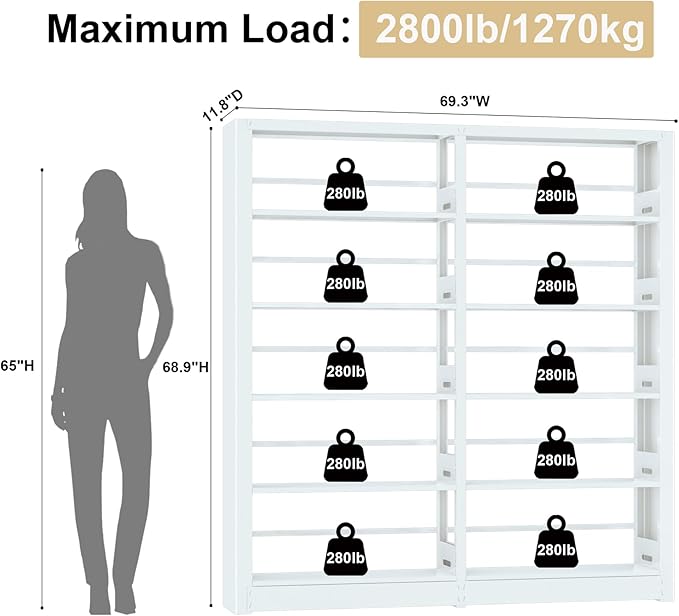 5-Tier Industrial Book Shelf, White Bookcases and Bookshelves,Tall Metal Bookcase Storage Organizer,Freestanding Bookshelf for Living Room,Home Office (White, Shelf-2)