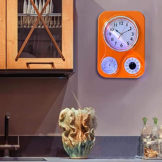 Lily's Home - 9.5 Inch x 12.5 Inch - Retro Kitchen Wall Clock, Vintage Wall Clock with a Thermometer and 60-Minute Timer, Ideal for Any Kitchen, Office, or Diner (Orange)