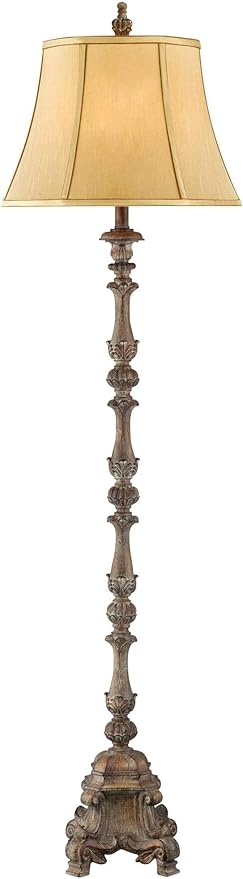 Regency Hill Rustic French Country Traditional Style Floor Lamp Standing 62" Tall Faux Wood Antique Candlestick Beige Silk Fabric Bell Shade Cottage Core Decor for Living Room Reading House Bedroom