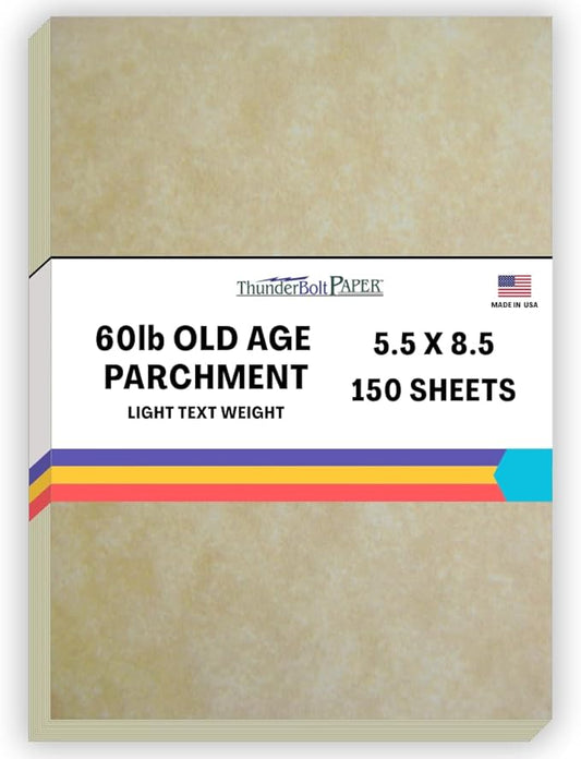 150 Old Age Parchment 60# Text (=24# Bond) Paper Sheets - 5.5 X 8.5 Inches HALF Letter | Flyer Size - 60 Pound is Not Card Weight - Vintage Colored Old Parchment Semblance