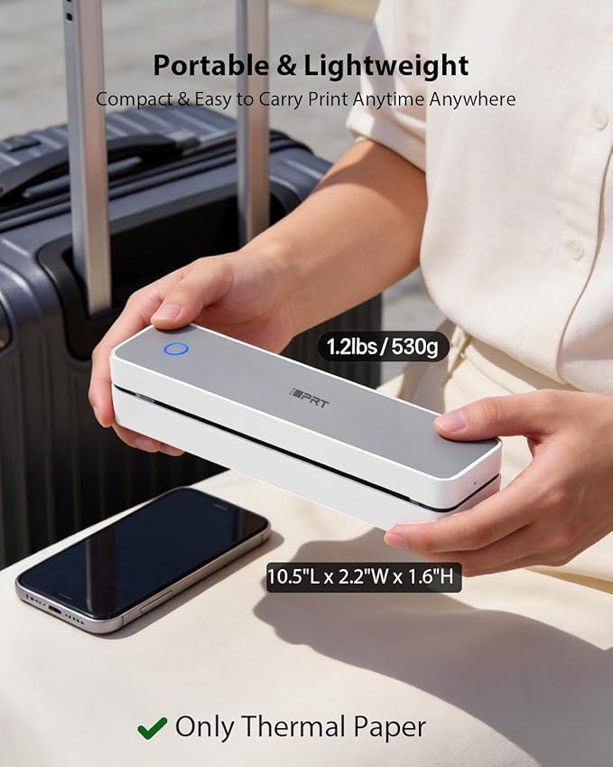 Inkless Portable Printer for Travel, Wireless Thermal Printer with 1 Case and 200pcs Paper Kit Supports 8.5 x 11" US Letter, A4, 610Pro 300DPI Small Bluetooth Printers for Phone Home Office Car, Grey