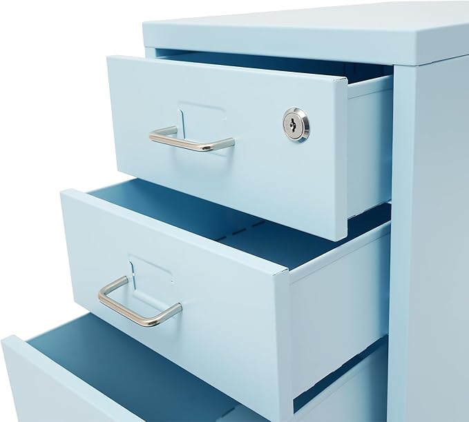 3/6 Tiers Vertical File Cabinet, Metal File Cabinet with Lock & Wheels for Files, Documents, Freestanding Filing Cabinet for Office Home, Multiple Colors Available (Blue, 3 Tiers)