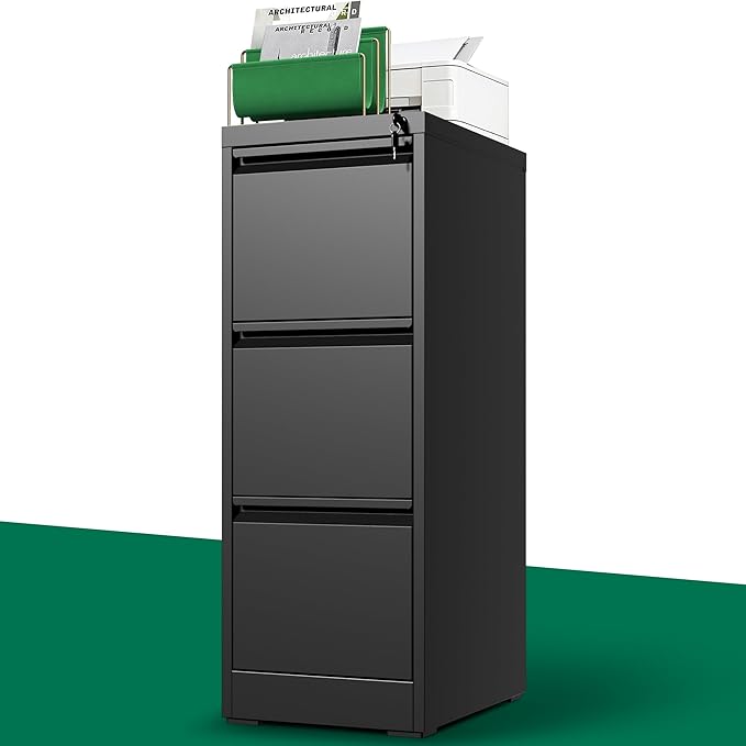 3 Drawer File Cabinet with Lock, Vertical Filing Cabinets for Home Office, Locking File Cabinet Hanging Files for A4/ Legal/Letter, Require Assembly, Black