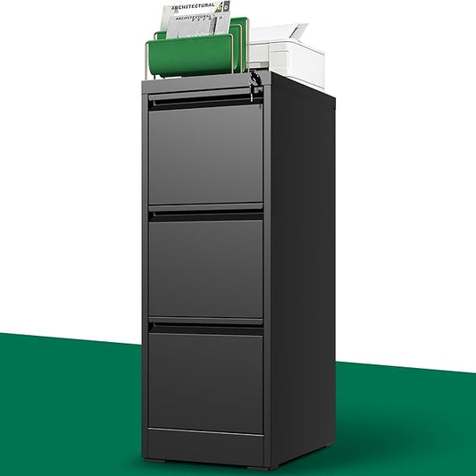 3 Drawer File Cabinet with Lock, Vertical Filing Cabinets for Home Office, Locking File Cabinet Hanging Files for A4/ Legal/Letter, Require Assembly, Black