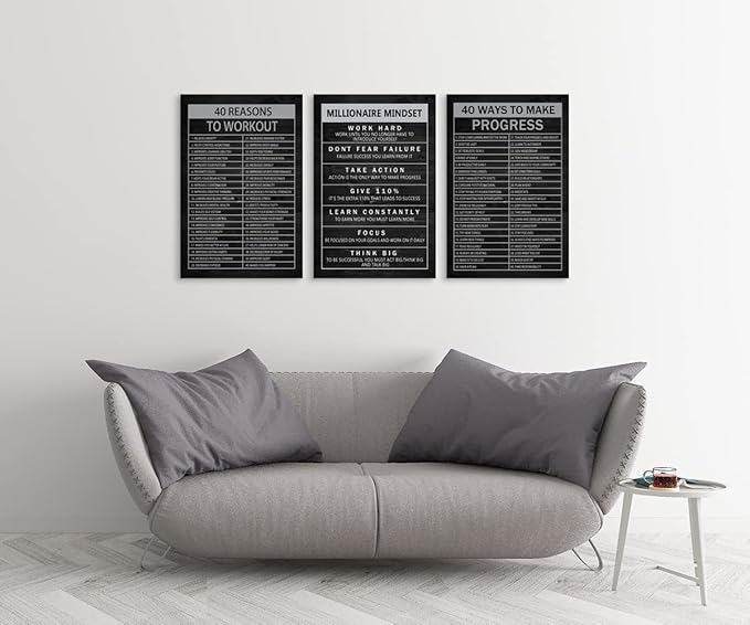 WYJZDZQ8 Inspirational Poster 40 Reasons to Workout Motivational Wall Art 3 Pieces Canvas Prints Millionaire Mindset Artwork for Home Office Decor Painting Pictures Framed Ready to Hang[48''Wx 24''H]