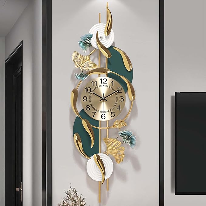 Wall Clock Large Metal Wall Clocks Creative Gold Fish Design Silent Wall Clock for Bedroom Kitchen Home Office Entrance Indoor 100x33cm/39x13 Clock (Vertical A)