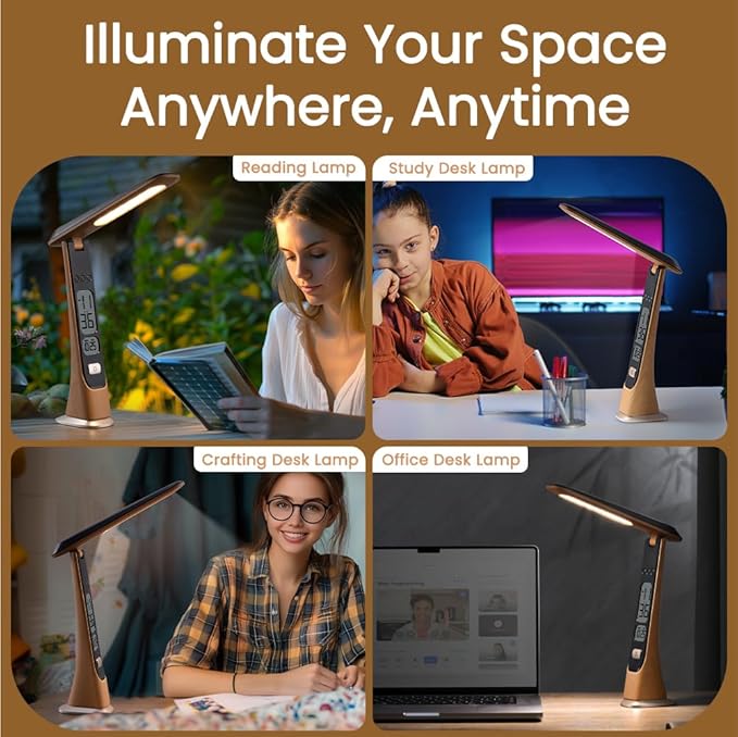 Rechargeable Cordless LED Desk lamp, dimmable Table lamp with Battery,Digital Clock,LCD,Date,Stepless Brightness Foldable Portable Lights for Home,Reading,Office (Brown)