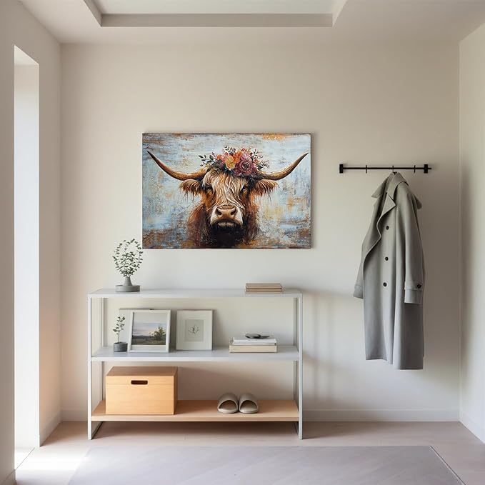 Canvas Wall Art Decor Modern Wall Art Picutures for Living Room Artwork for Wall Decor Vintage Wall Art Decor Highland Cow Wall Art Prints Artwork for Walls Home Bedroom Office Decorations 32" X 48"