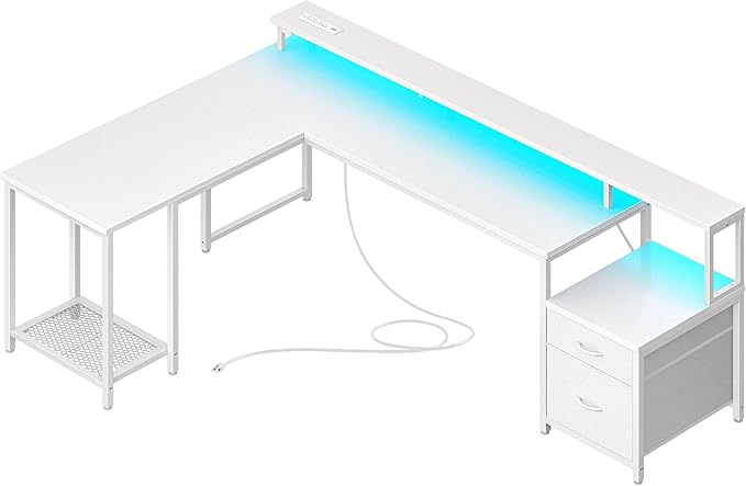PRAISUN 66" L Shaped Gaming Desk with LED Lights & Power Outlets, Computer Desk with Fabric Drawers and Print Stand, Corner Office Desk, Monitor Stand, Mesh CPU Stand, White