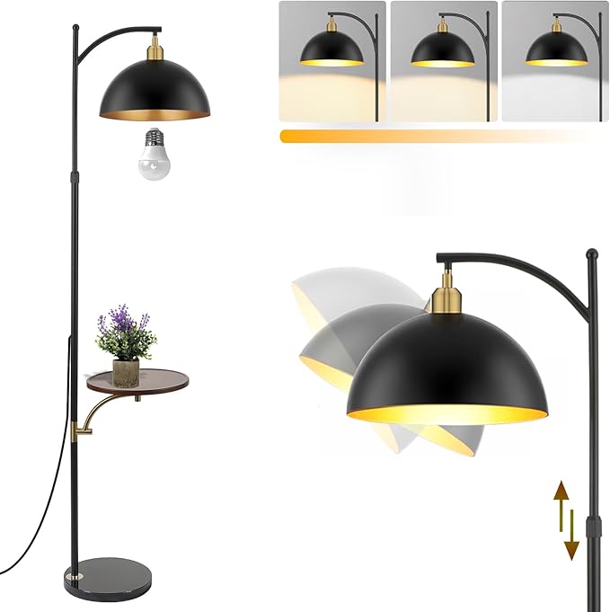 AoMck Floor Lamp with Shelves, Floor Standing Lamps with Table Attached, Tall Lamp Table Combo, Height Adjustable and Dimmable Corner Rustic Lamps with Tray for Bedroom Living Room Office (Gold)