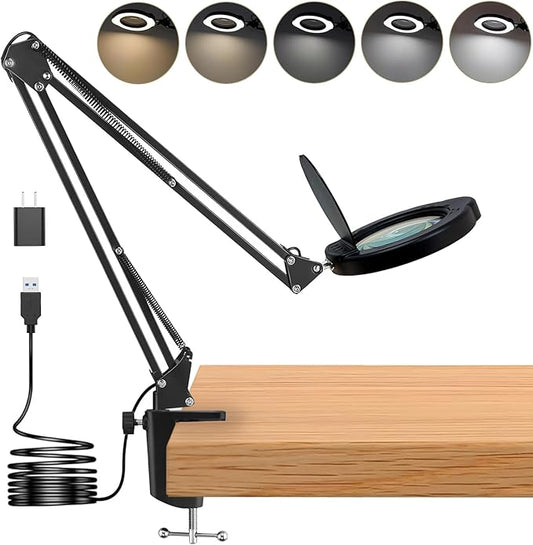 15X Magnifying Glass Desk Lamp with Clamp, Real Glass Lens, 84 LEDs, 5 Color Modes Dimmable, Led Lamp Magnifier with Dust Cover, USB Charger, Clean Cloth, Ideal Gift for Seniors, Crafters, Hobbyists