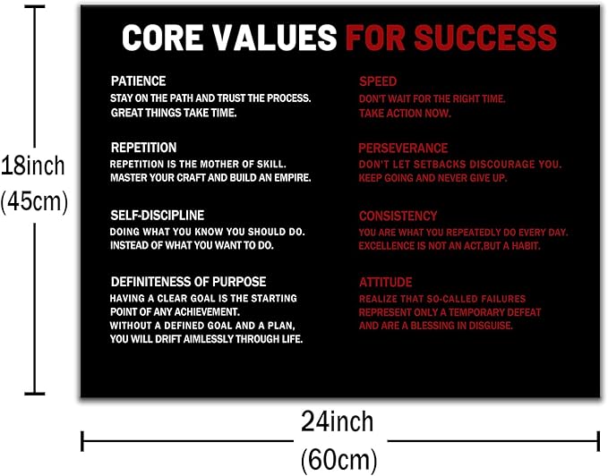 Core Values for Success Inspirational Wall Art Entrepreneur Quotes Motivational Poster Print White and Red Positive Painting Artwork Framed for Home Living Room Office Wall Decor [24''Wx18''H]