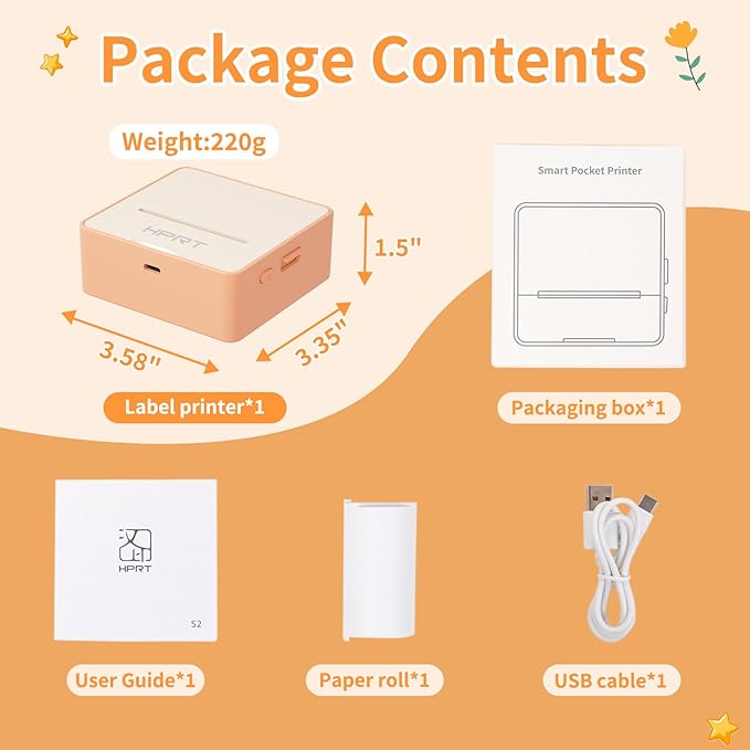 HPRT S2 Mini Sticker Maker, Portable Label Printer with 1 Roll Sticker Paper, Ideal for Study Notes, Text, Sticker, Memo, Checklist, Labels, DIY, Multiple Templates, Support 57mm Width Label(Orange)