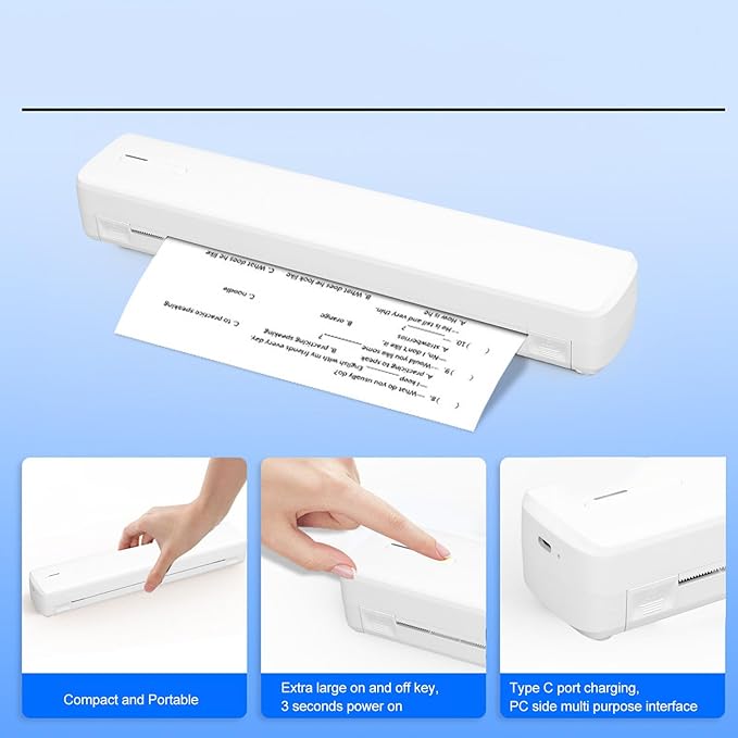YWBL-WH Inkless Thermal Printer, Portable Compact Printer with 203 DPI Resolution, Support for iOS, OS X for Home, Office, Schools
